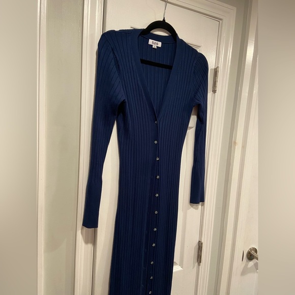 525 Size XS Blue Button Down Wide Rib Knit Duster Cardigan Dress Soft Stretch - Picture 6 of 10
